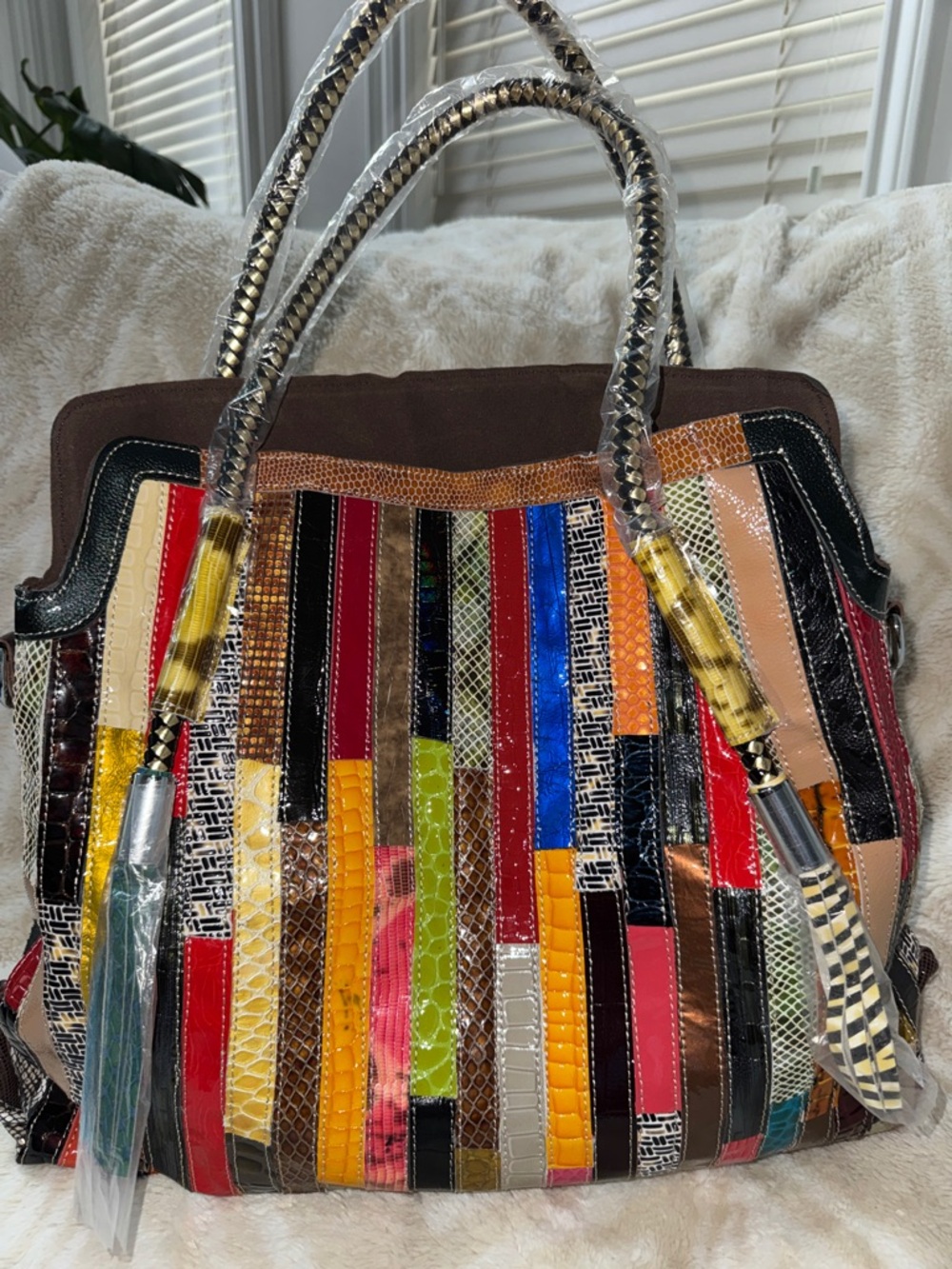 Multicolor Patchwork Oversized Patent Leather Tote Handbag Women's NWOT - Picture 3 of 15